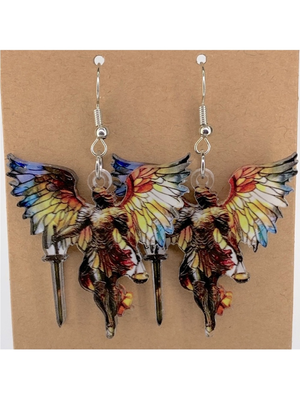 2D Acrylic Dangle Colorful Angel with Sword Design Dangle Earrings Fashion